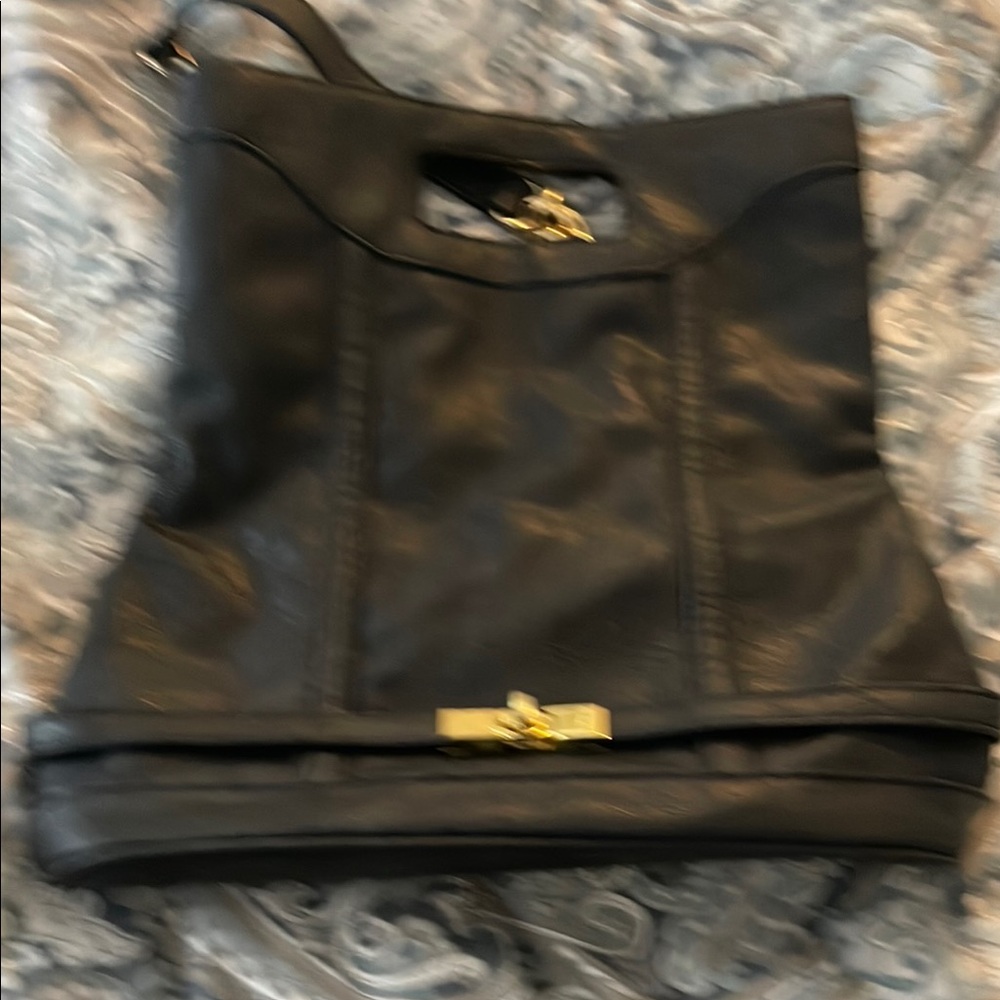 Melie Bianco Black and Gold Structured Clutch